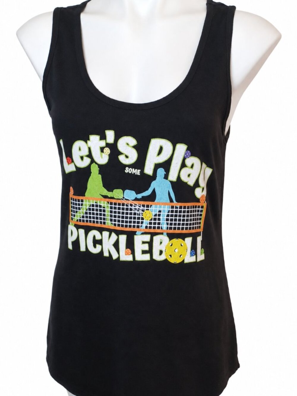 Medium Women’s Cotton Black Let’s Play Pickleball Graphic Tank Top. Outdoor